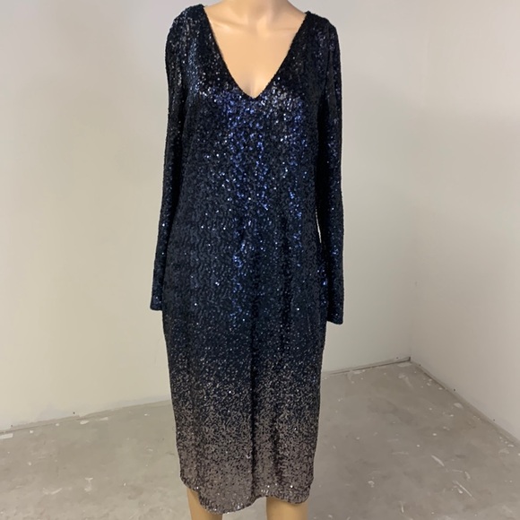 Monsoon Sequins Ombré Navy Blue V-Neck Long Sleeve Midi Cocktail Dress, Size M - Picture 6 of 17